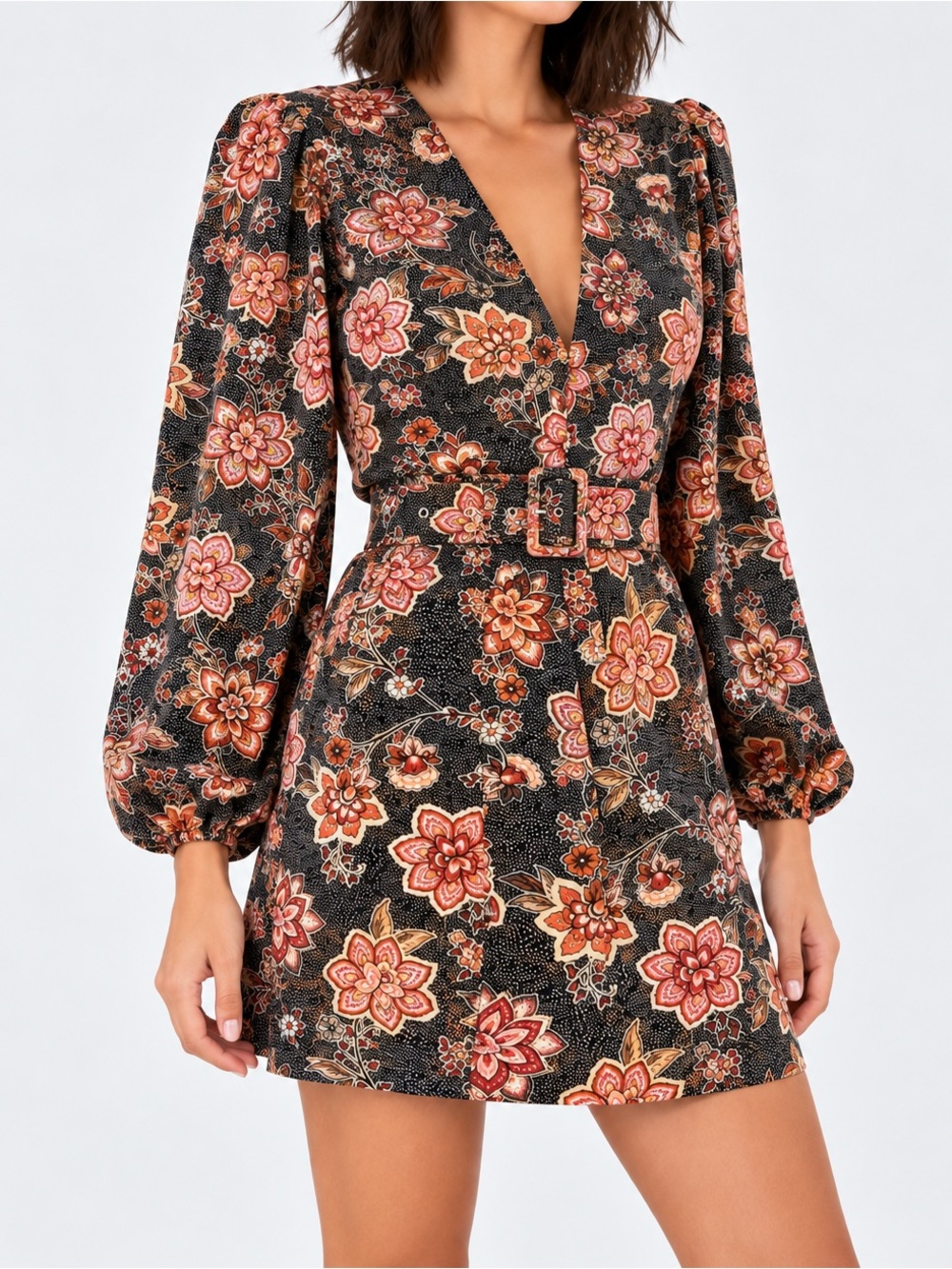MINKPINK Mehdya Floral V-Neck Belted Mini Dress Size Small